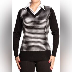 Moffi Long Sleeve Stretch Knit Sweater Built in Collar Black and White